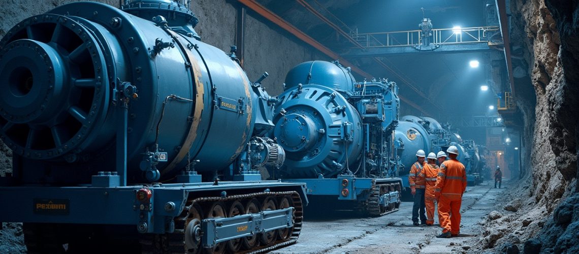 Workers in a dimly-lit underground tunnel with large industrial machinery.