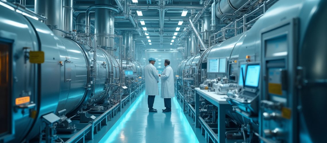 Two scientists in white coats talk inside a high-tech industrial facility lined with large metallic tanks.