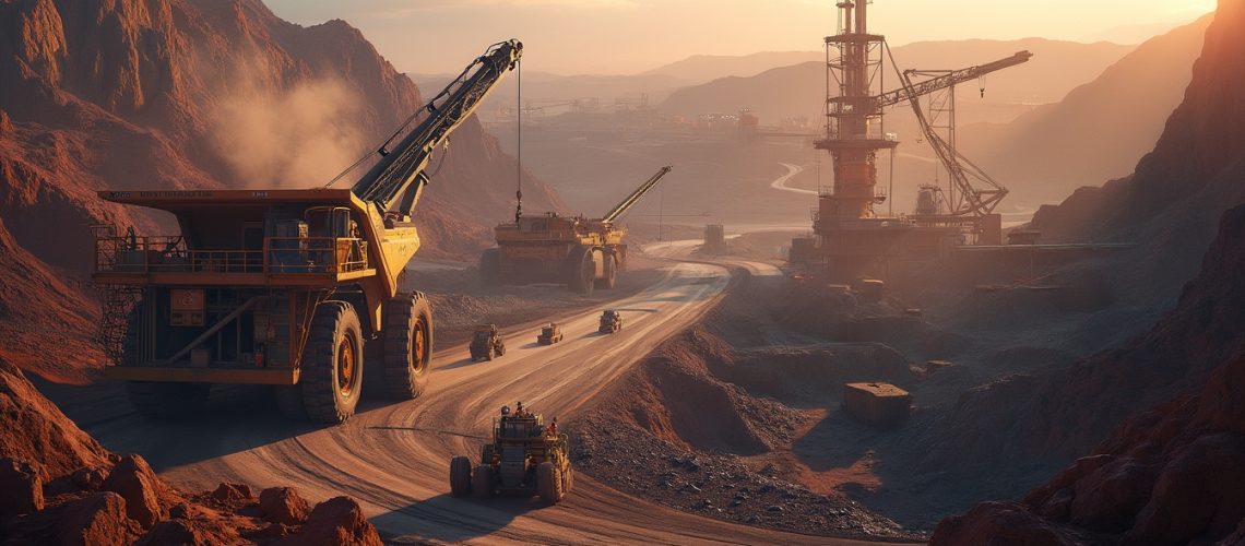 Heavy machinery operates in a dusty open-pit mining site at sunset, surrounded by rugged terrain.