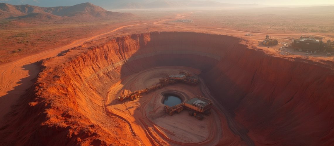 A large open-pit mine with equipment, surrounded by rugged, red desert landscape under a hazy sky.