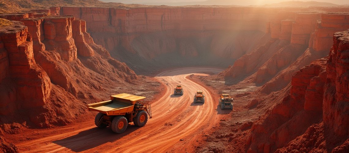 Mining assets with trucks in canyon.