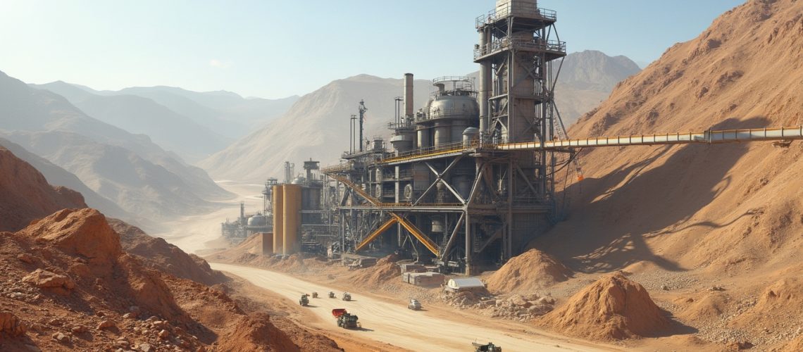 Desert landscape with figures walking towards a large industrial mining site amidst rocky terrain.