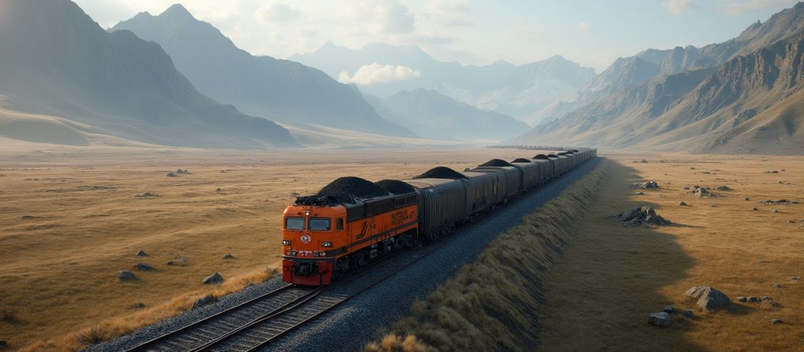 Orange train carrying coal through a vast, mountainous landscape under a blue sky.