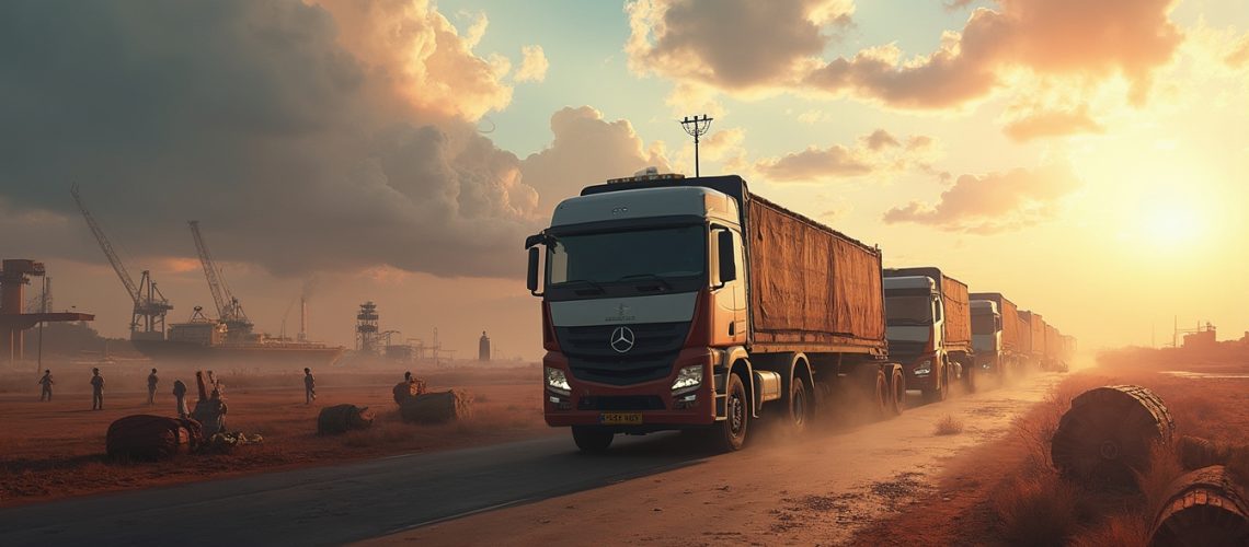 Trucks driving through a dusty road at sunset, with cranes and factories in the background.