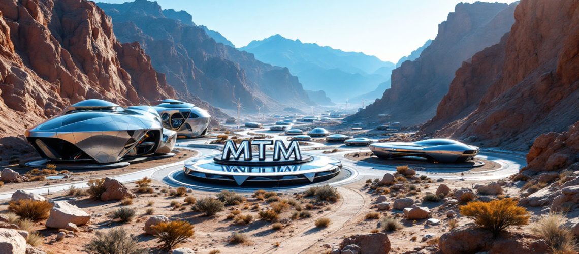 MTM Critical Metals Ltd-MTM-Futuristic cityscape with sleek buildings in a desert canyon under a clear blue sky.