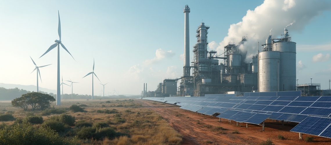 Wind turbines, solar panels, and an industrial plant in a landscape, highlighting energy production.