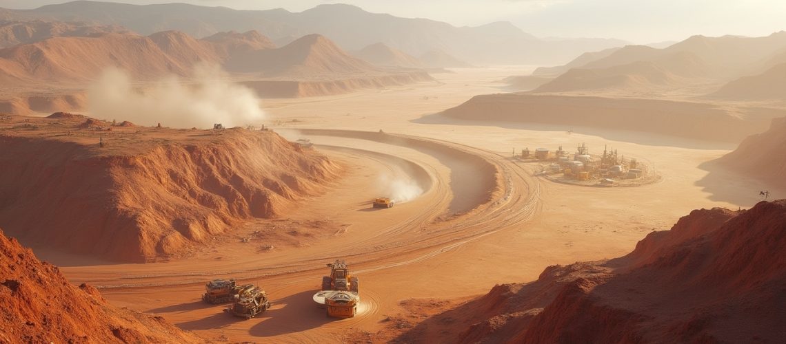 Desert landscape with industrial equipment and vehicles, surrounded by dusty orange hills, under a clear sky.