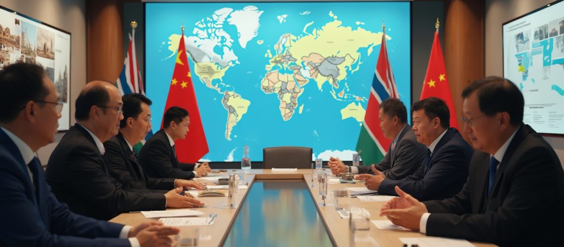 Meeting room with people in suits, world map on screen, flags of China and Norway displayed.