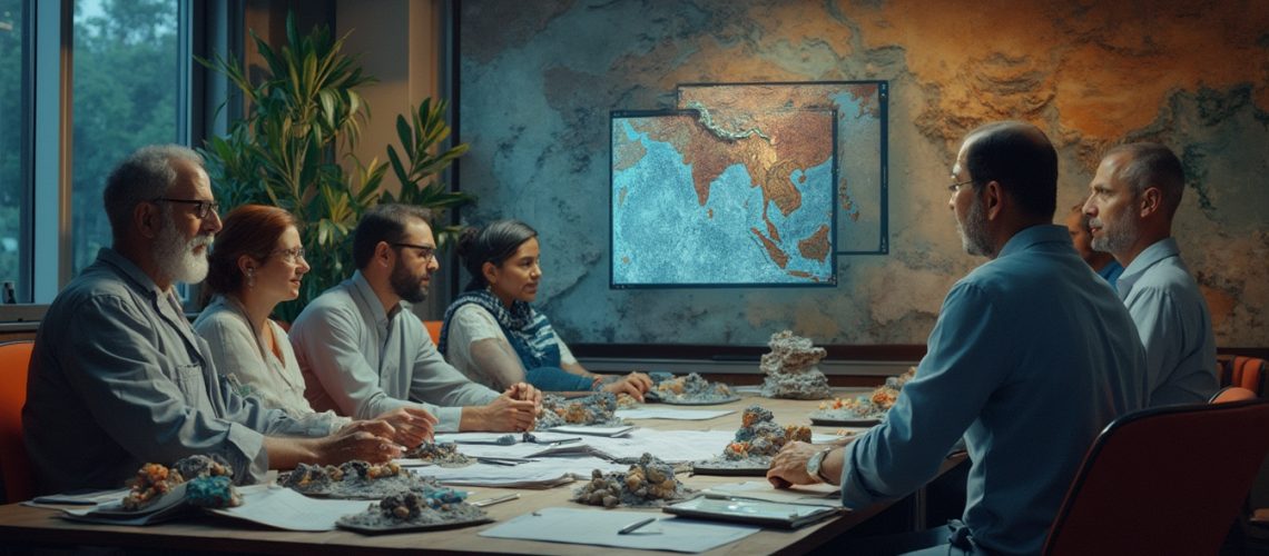 Six people in a meeting room discussing geology, with maps on the wall and rocks on the table.