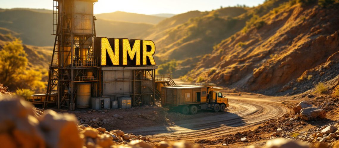 Native Mineral Resources Holdings Ltd-NMR-Industrial building with "NMR" sign, surrounded by rocky terrain and a dirt road.