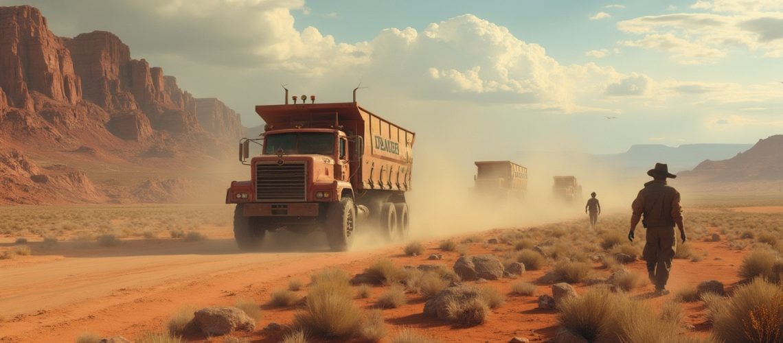 People walk beside trucks on a dusty desert road, with red rock formations in the background.