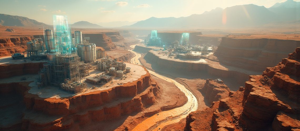 Futuristic energy facility in desert landscape.