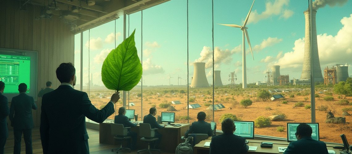 Person in office holding a large leaf, overlooking wind turbines and industrial landscape outside.