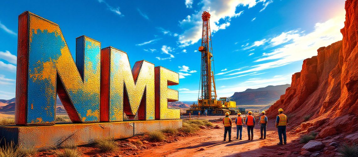 NEX Metals Exploration Ltd-NME-Large NME letters in desert landscape with workers and drilling rig under blue sky.