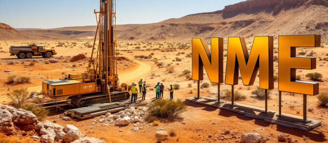 NEX Metals Exploration Ltd-NME-Construction crew in desert with large "NME" letters and heavy machinery.