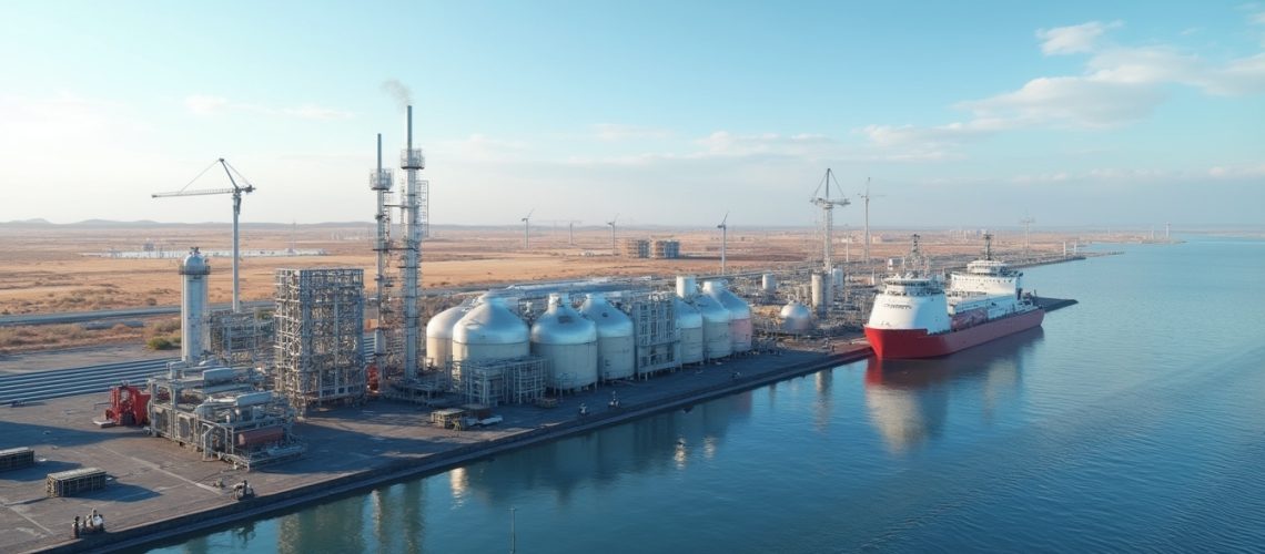 Industrial facility by the sea with a docked red ship, surrounded by tanks and cranes.