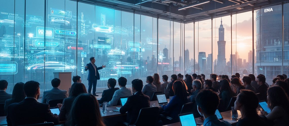 Conference room with a speaker, digital holograms, and city skyline backdrop.