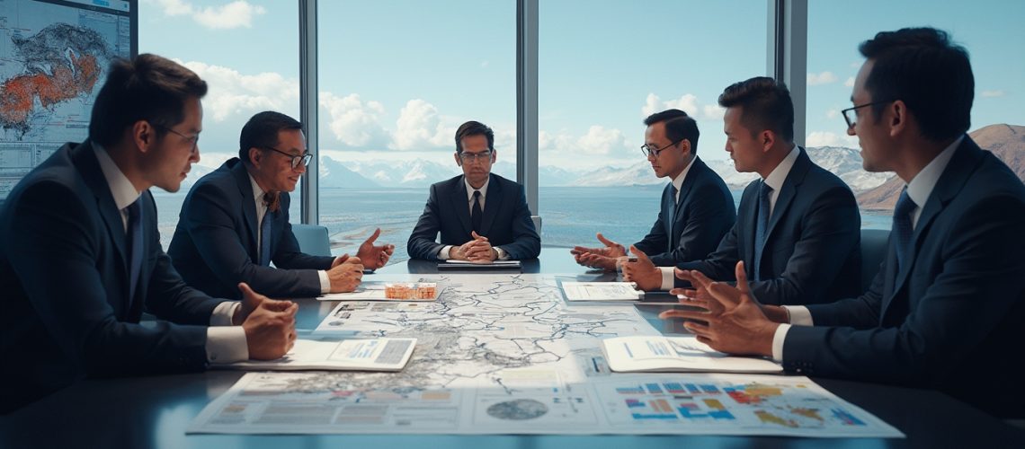 Six businesspeople in a meeting, discussing documents on a table, with a scenic window view.