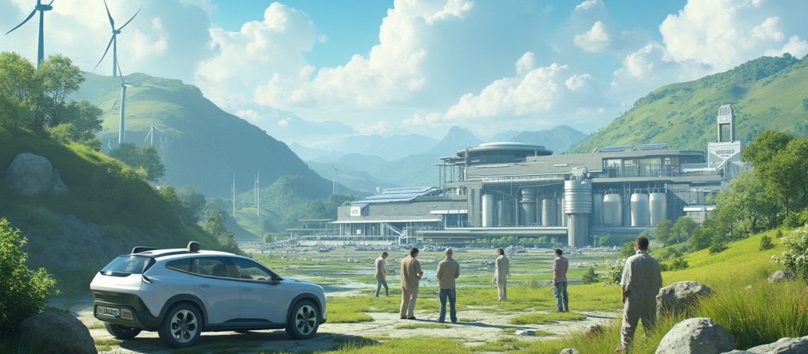 People observe a futuristic facility in a lush, green valley with wind turbines in the background.