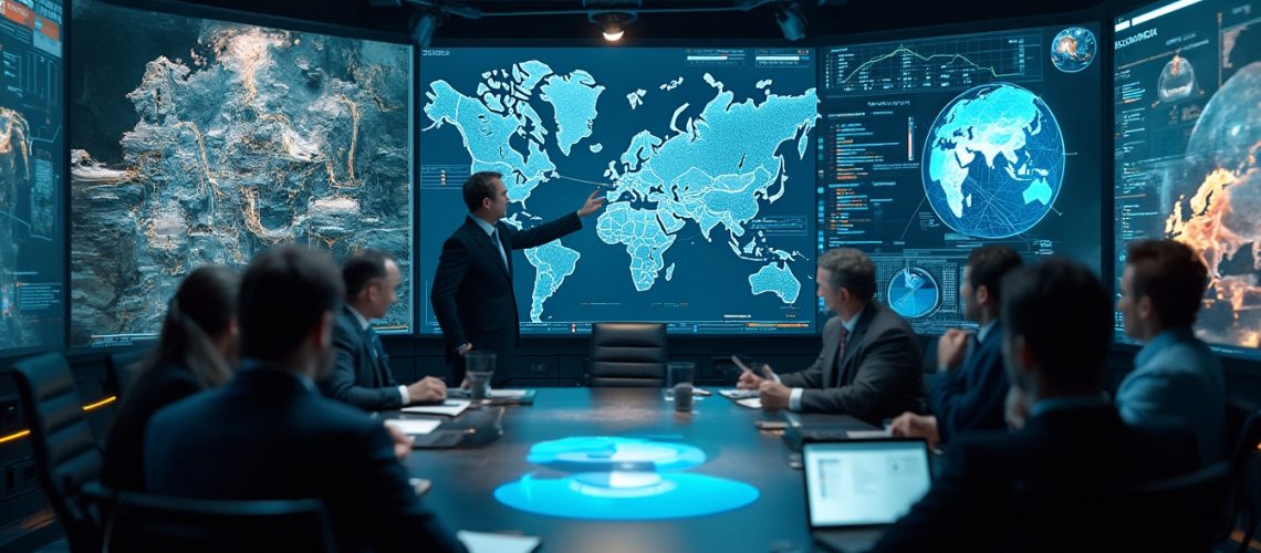 Business meeting with a man presenting data and maps on large digital screens in a conference room.