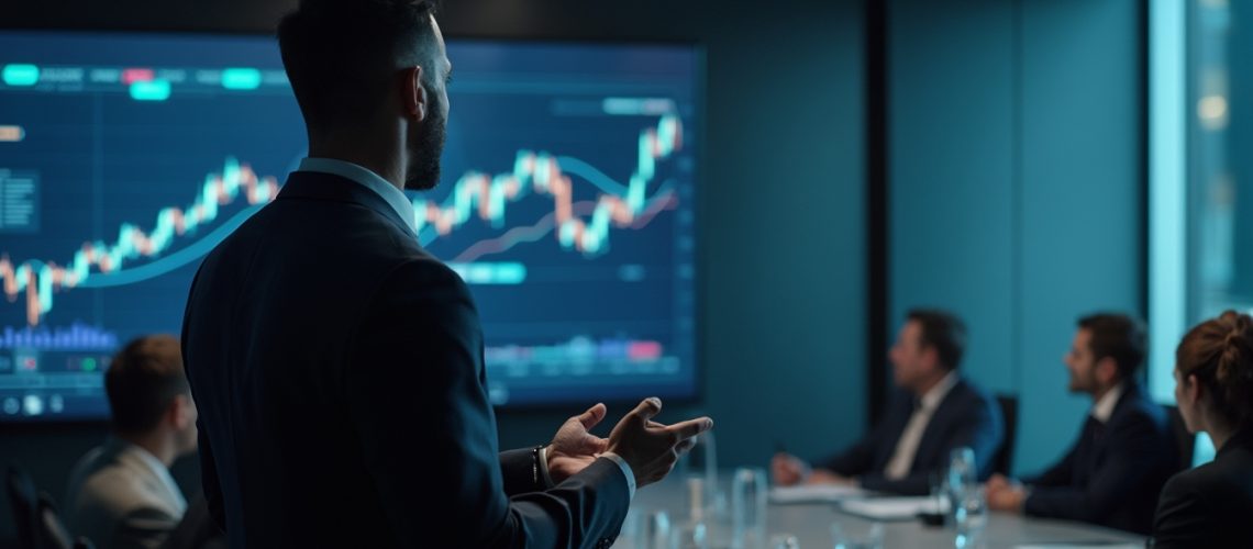 Businessman presenting financial charts to colleagues in a dimly lit conference room.