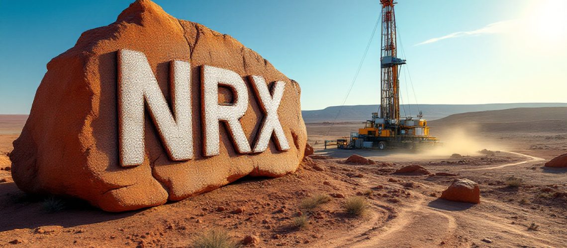 Noronex Ltd-NRX-Large rock with "NRX" in a desert; drilling rig in the background with blue sky and light dust.