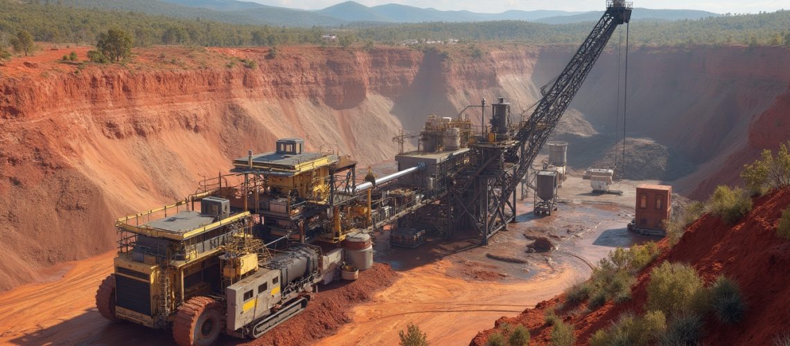 Massive mining machinery sits in a red clay quarry under a clear sky with distant hills.