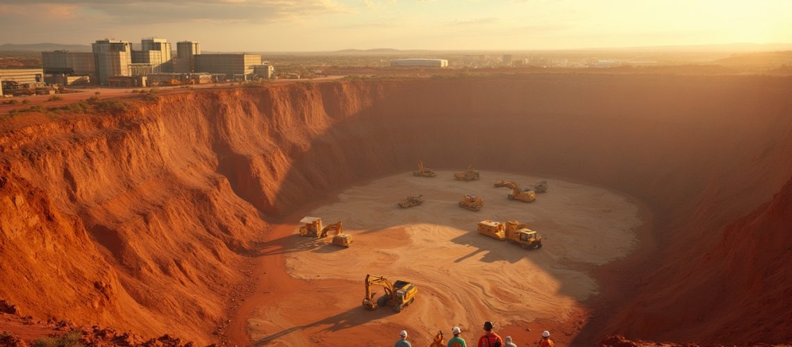 Sunlit open-pit mine with machinery, engineers in foreground, industrial buildings in the background.