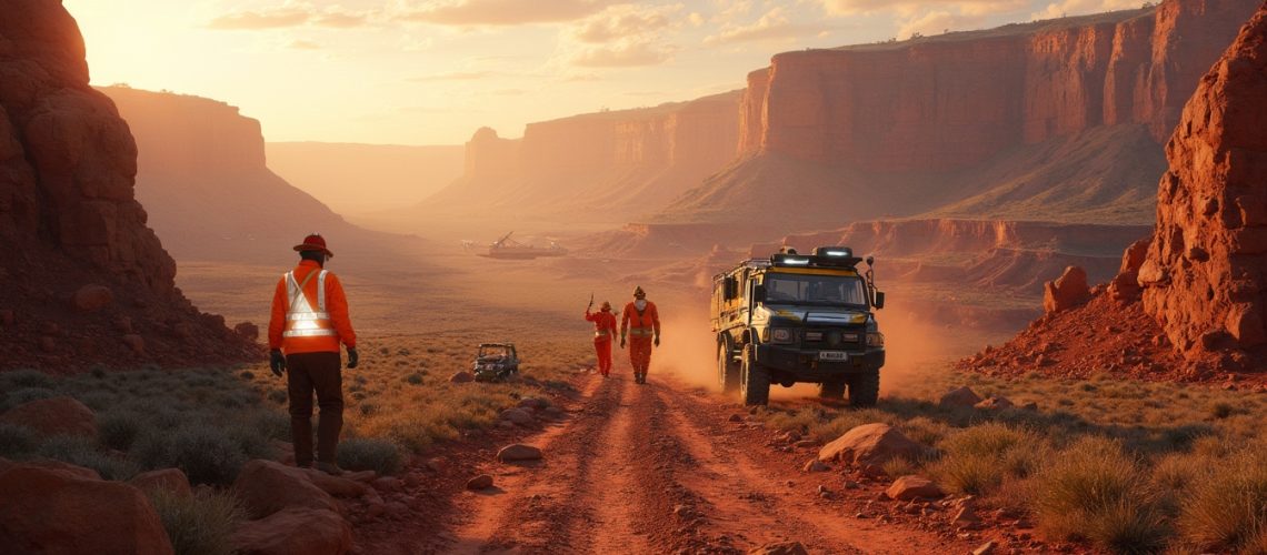 Workers and a vehicle on a dusty desert road at sunset, surrounded by towering red cliffs.