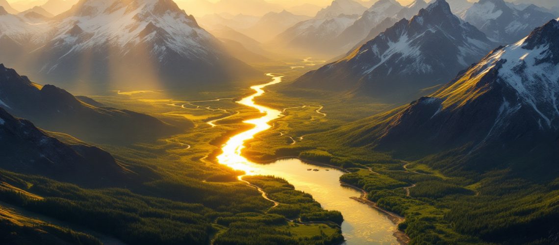 Nova Minerals Ltd-NVA-Golden river winding through lush valley with snow-capped mountains and sunlit sky.