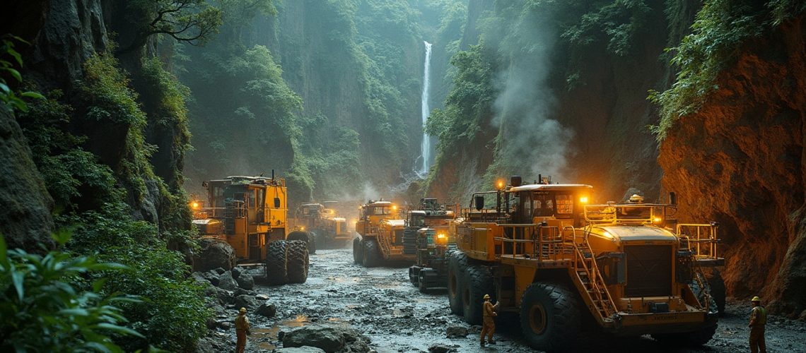 Heavy machinery in a lush canyon, smoke rising, with a waterfall in the background.