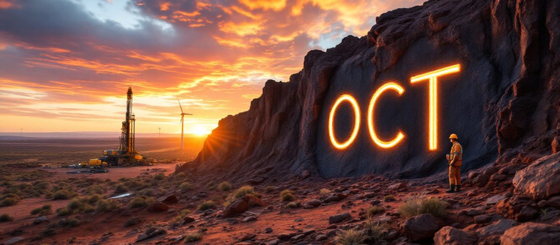 Octava Minerals Ltd-OCT-Sunset sky, large glowing "OCT" on rock wall, wind turbine, and worker in desert landscape.