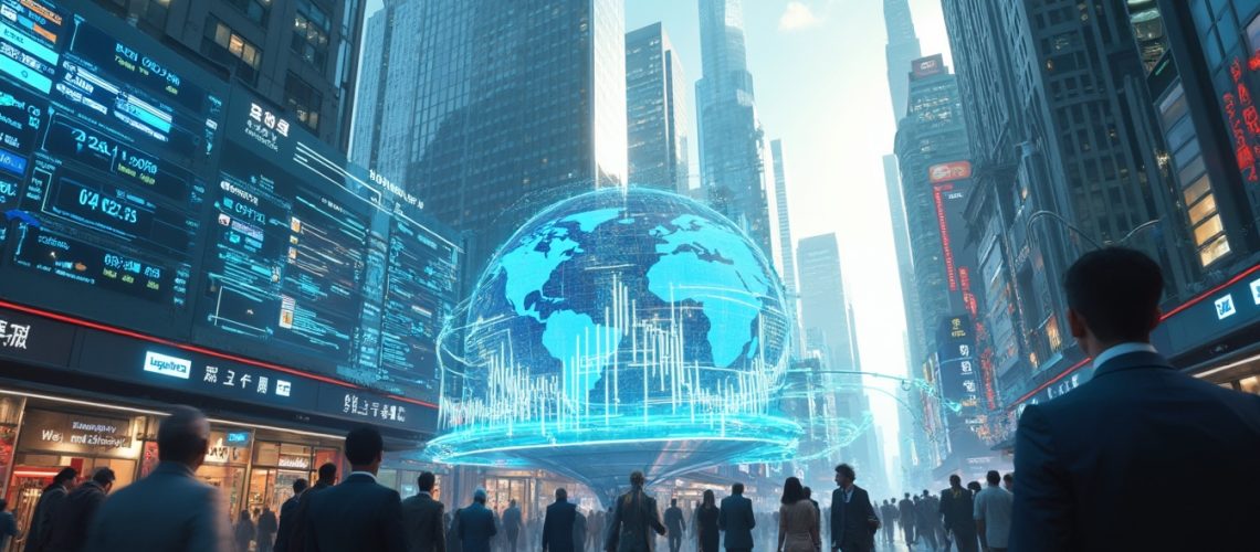 Futuristic cityscape with digital screens, holographic globe, and people in business attire.