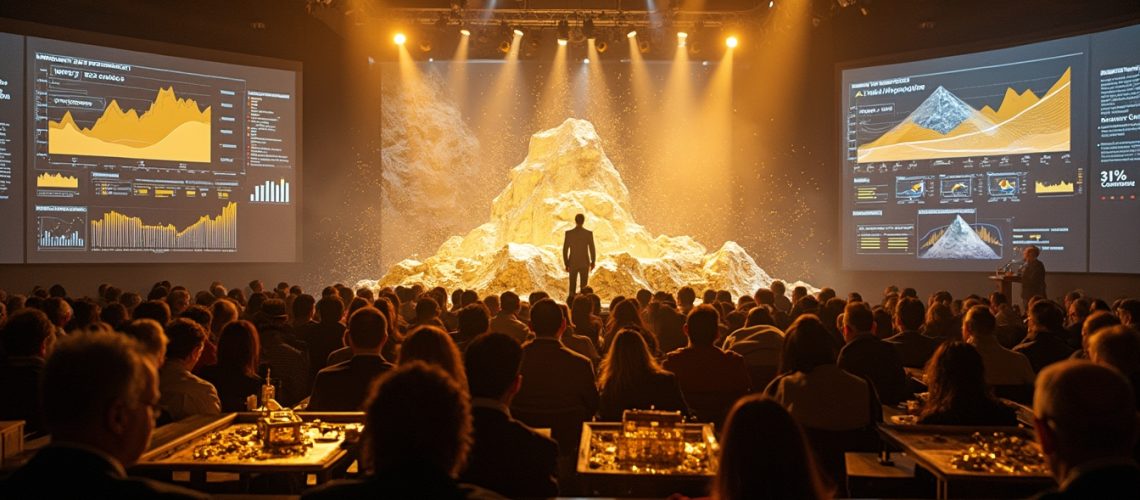 Audience watching a presentation with large screens and a person standing on a stage with lighting.