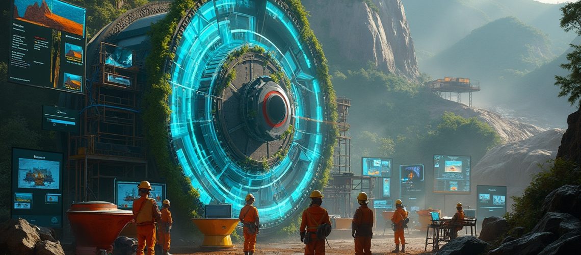 Futuristic scene with workers around a large, glowing blue ring in a forested landscape.