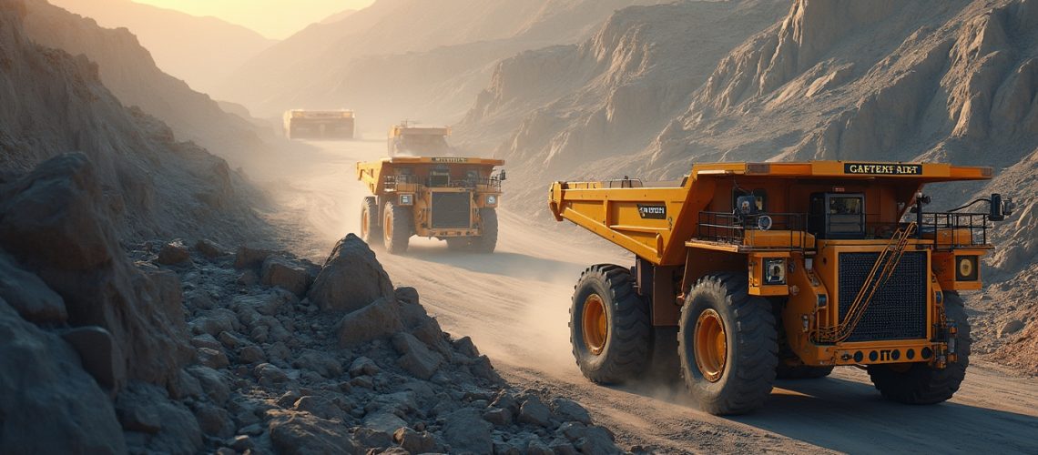 Heavy mining trucks drive through a dusty quarry at sunset.