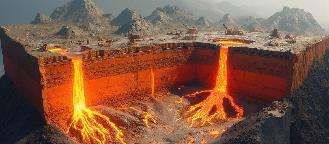 Lava flows through a perfectly cut landscape, resembling a sectioned volcanic mountain.