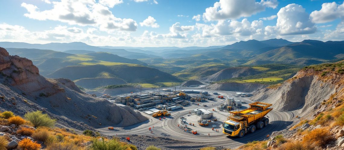 Osmond Resources Ltd-OSM-Mining site with trucks in a mountainous landscape under a sunny sky with scattered clouds.