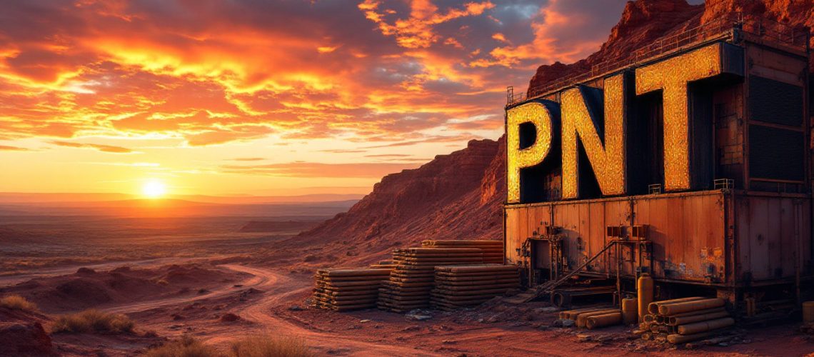 Panther Metals Ltd-PNT-Sunset over desert landscape with "PNT" in large letters on a building, surrounded by red rocks.