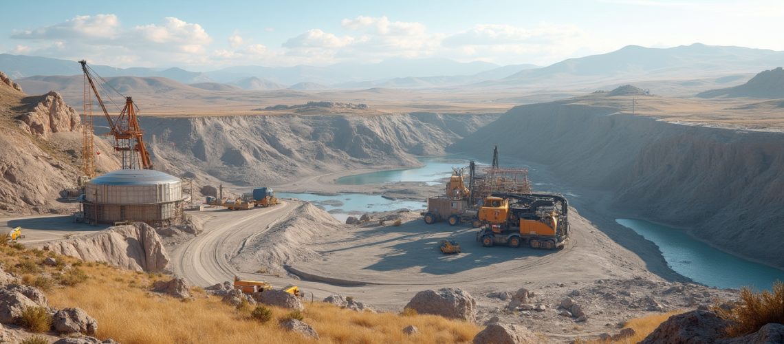 Construction site with machinery near a water body in a rocky, mountainous landscape.