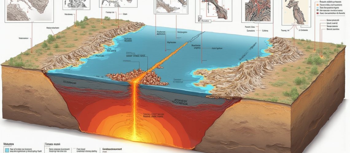 Cross-section illustration of underwater volcanic ridge and tectonic plates with geological maps.