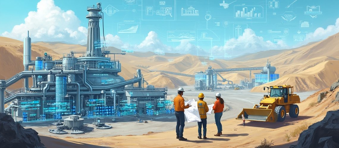 Three engineers with plans observe futuristic factory in a desert landscape, holographic data above.