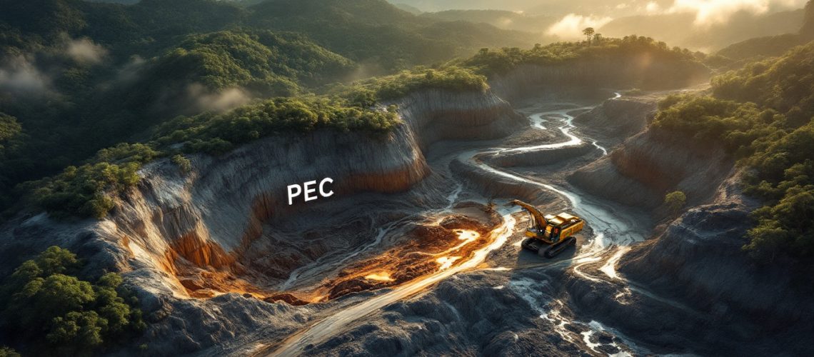 Perpetual Resources Ltd-PEC-Excavator in a large sunlit quarry, surrounded by lush green hills and a misty sunrise.