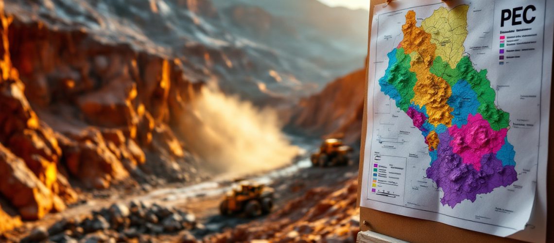 Perpetual Resources Ltd-PEC-Colorful map on an easel overlooking a rocky canyon with construction vehicles below.