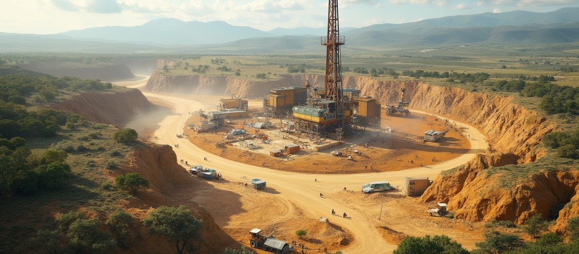 Oil drilling rig in a dusty landscape surrounded by hills and scattered greenery under a cloudy sky.