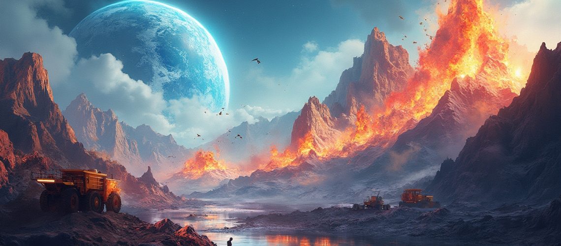 Fiery volcanic landscape with trucks and a distant large blue planet in the sky.