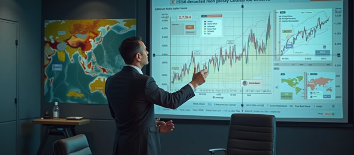 Man in suit presenting charts on a large screen in a conference room.