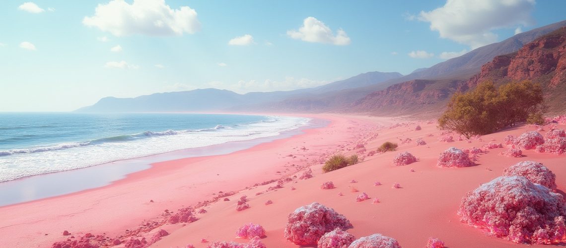 Dreamlike pink beach with pink sand, blue ocean, and mountains under a bright sky with fluffy clouds.