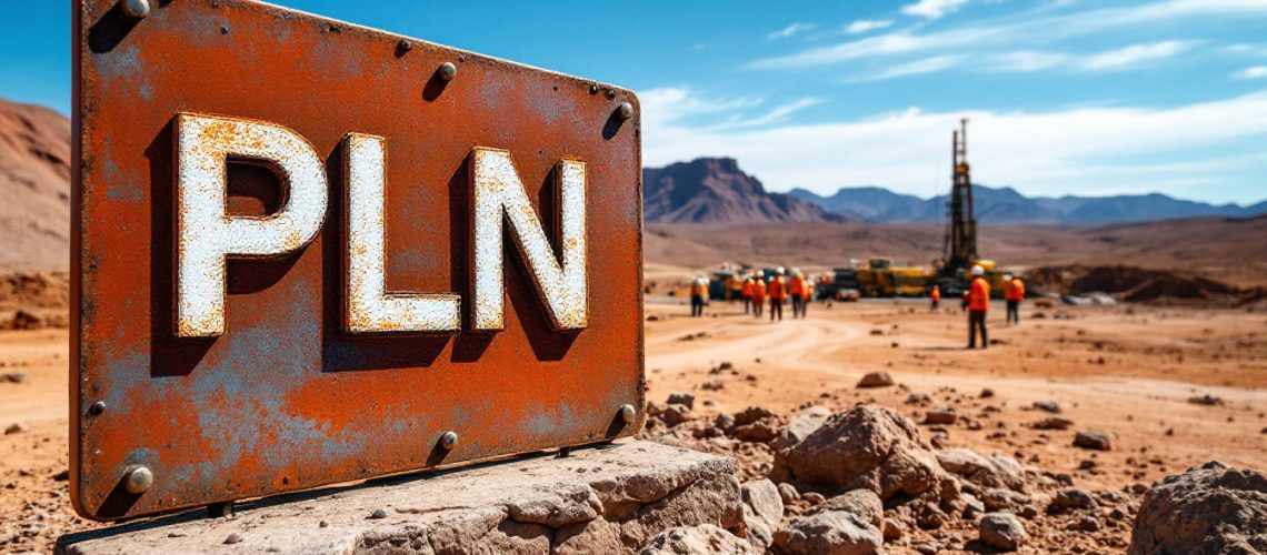 Pioneer Lithium Ltd-PLN-Rusty sign with "PLN" near construction site in a sunny desert landscape.