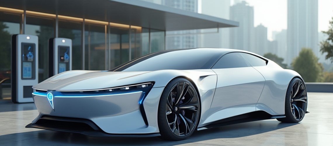 Sleek futuristic electric car at a charging station with city skyline in the background.